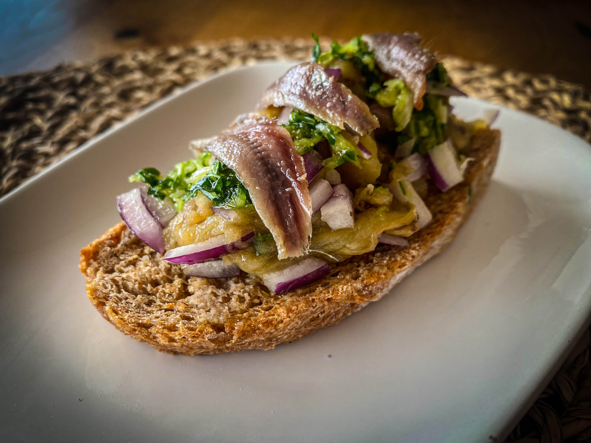Anchovy eggplant Mediterranean toast