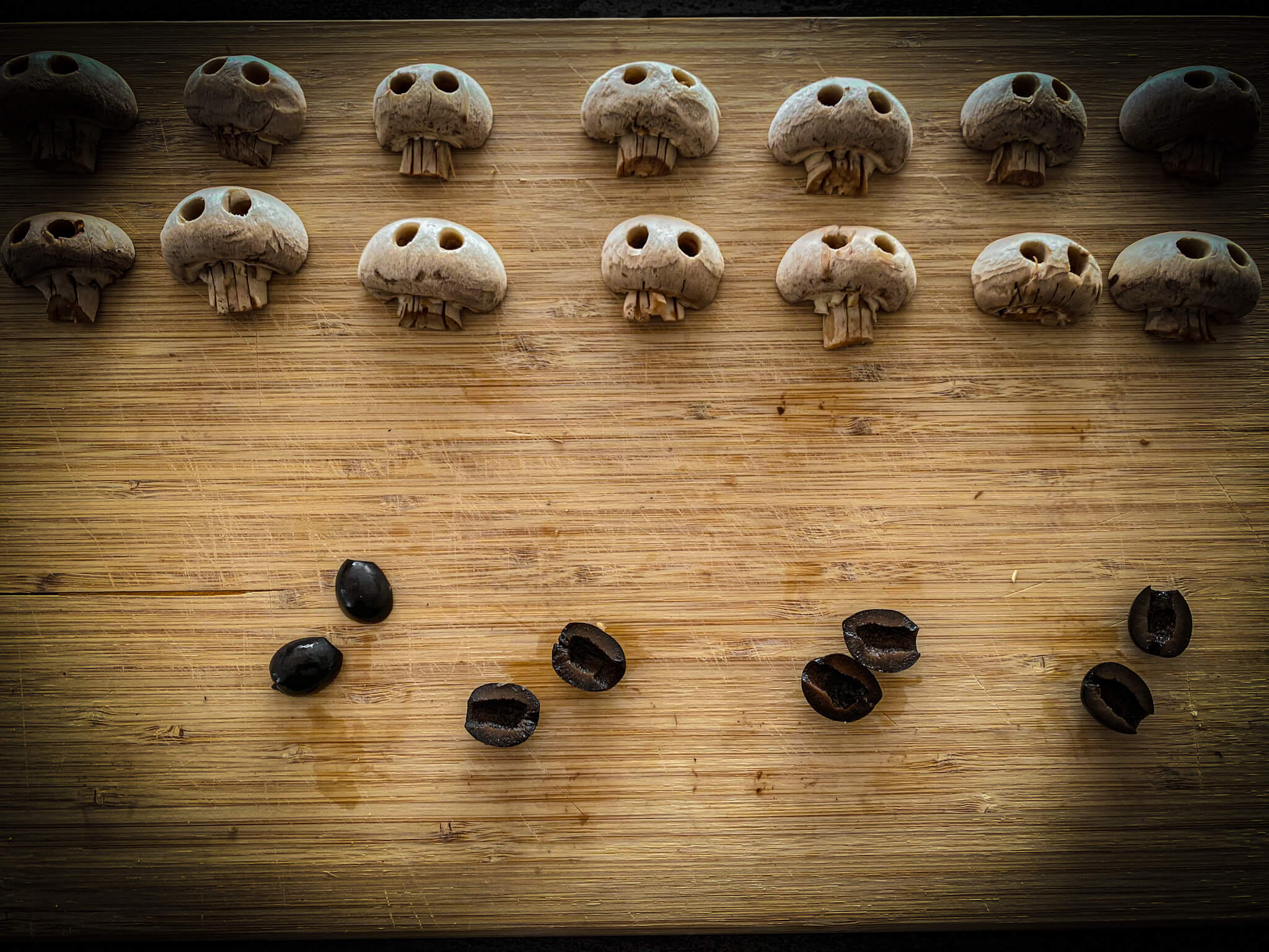 Pizza Halloween mushrooms and olives
