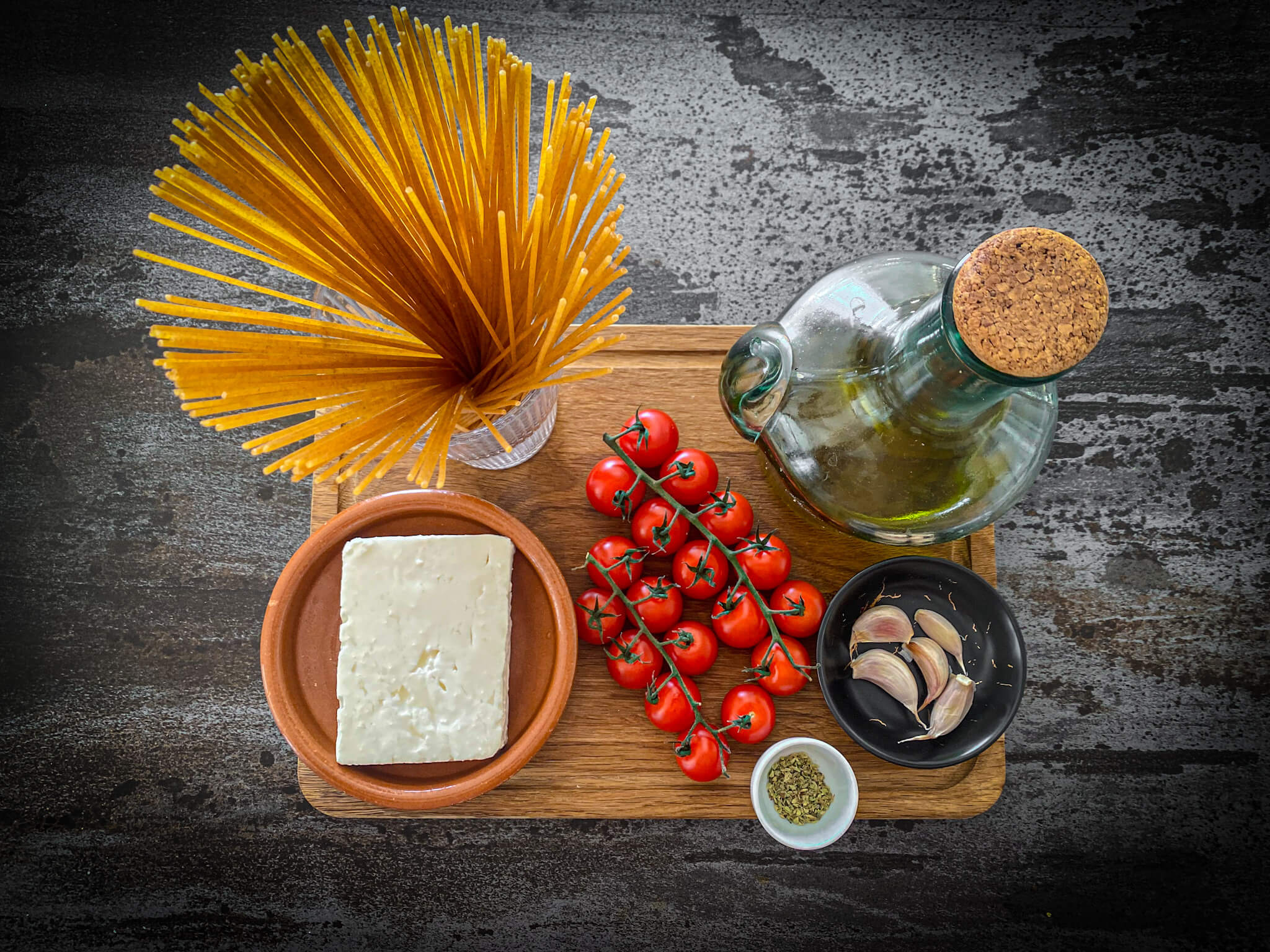 Baked feta pasta preparation ingredients
