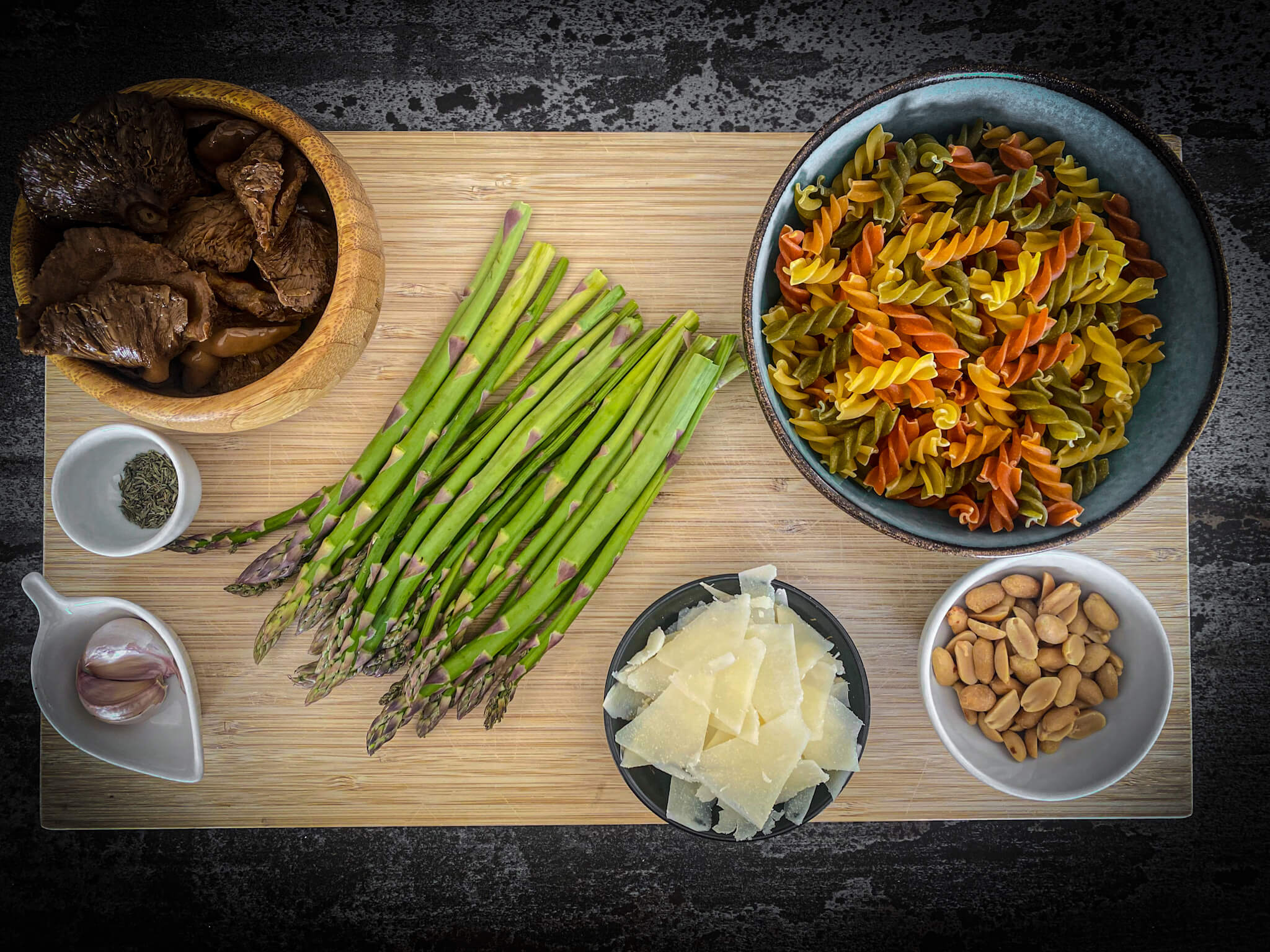 Fusilli Pasta with Asparagus Mushrooms & Manchego ingredients 1