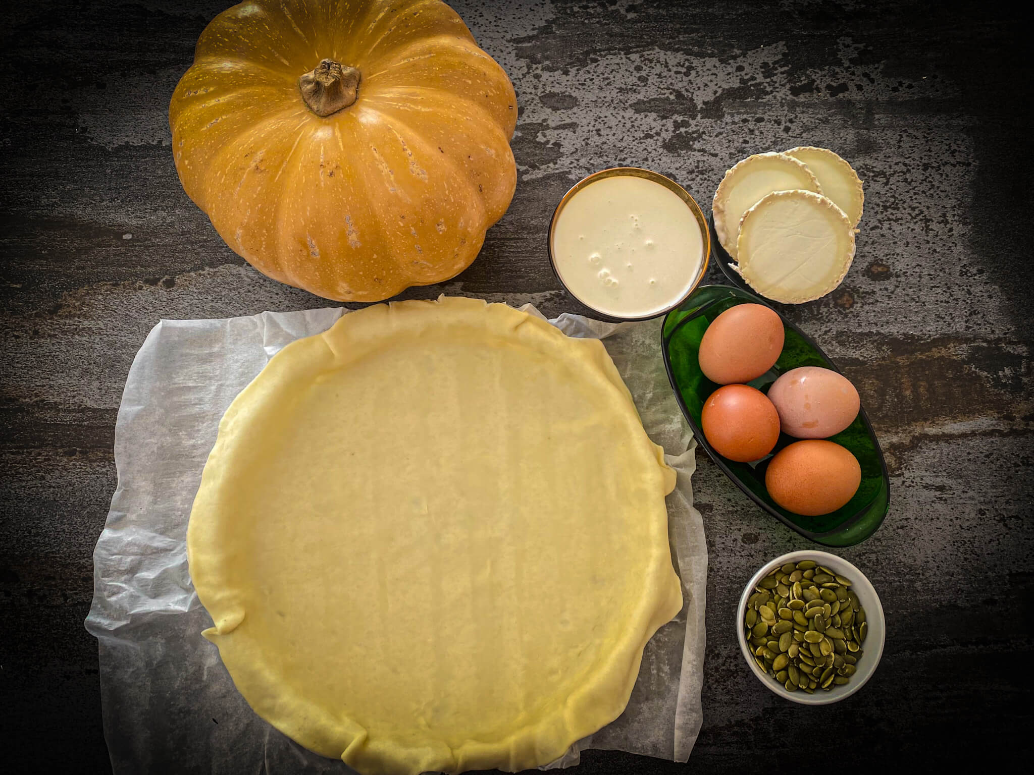 Pumpkin and goat cheese quiche ingredients 2