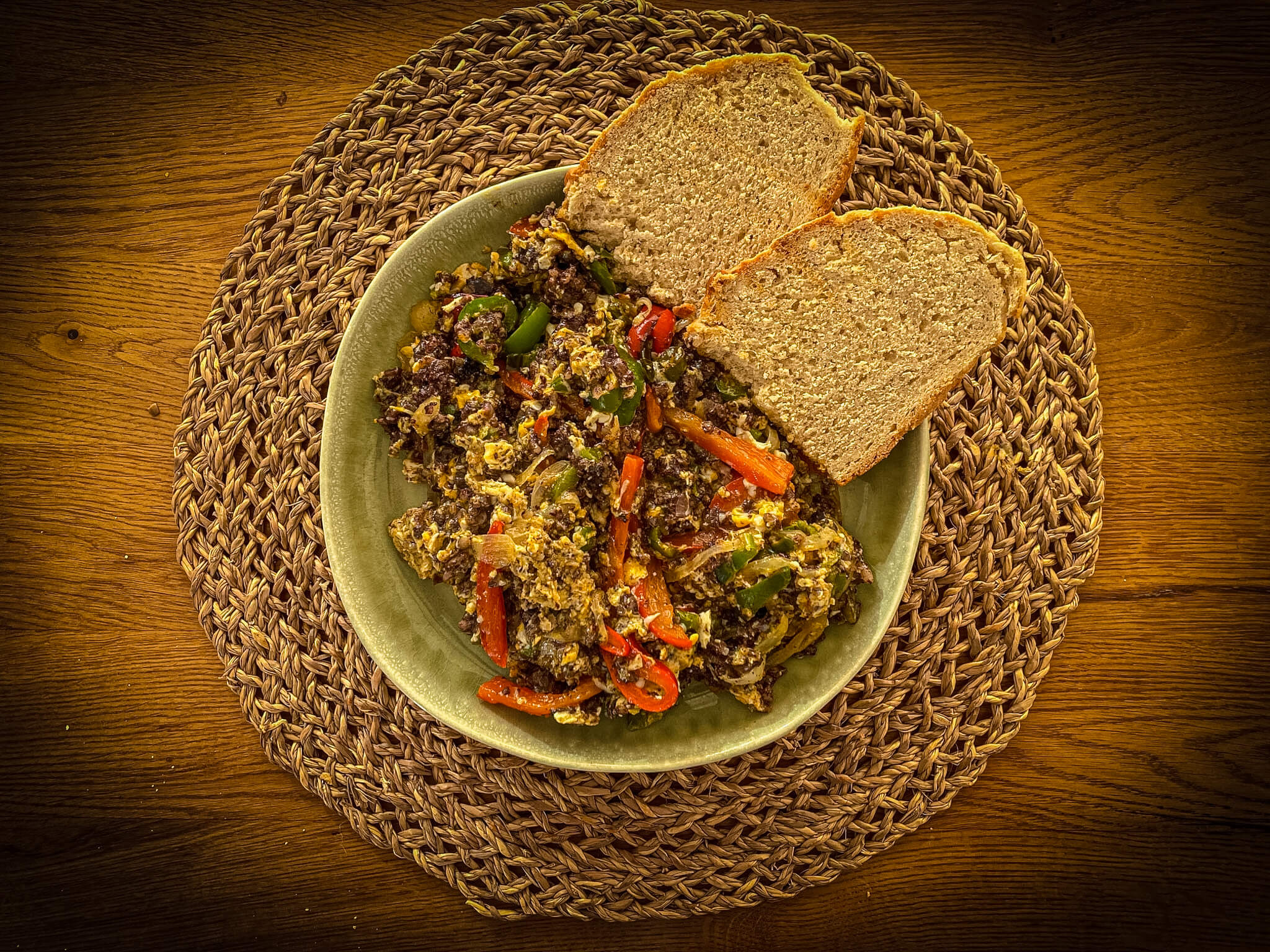 Rice Sausage Scramble plated on the table