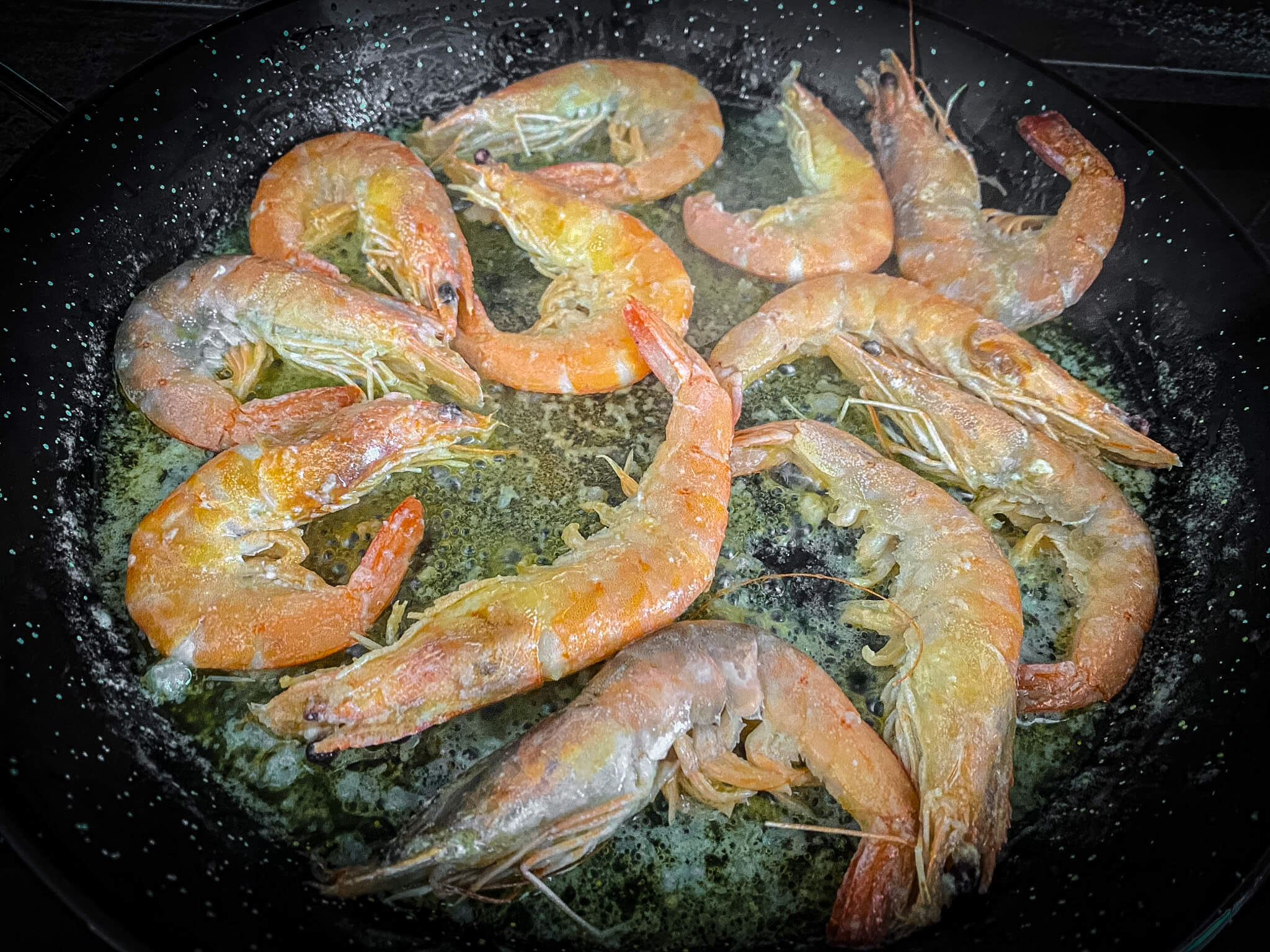 Spanish Pasta Paella searing prawns
