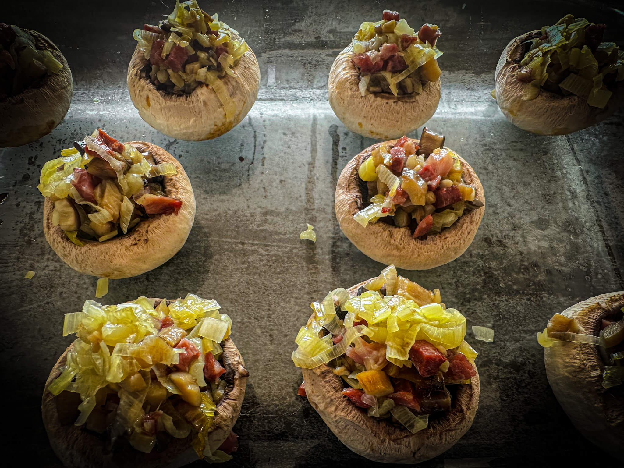 Spanish Stuffed Mushrooms backing to golden perfection ham