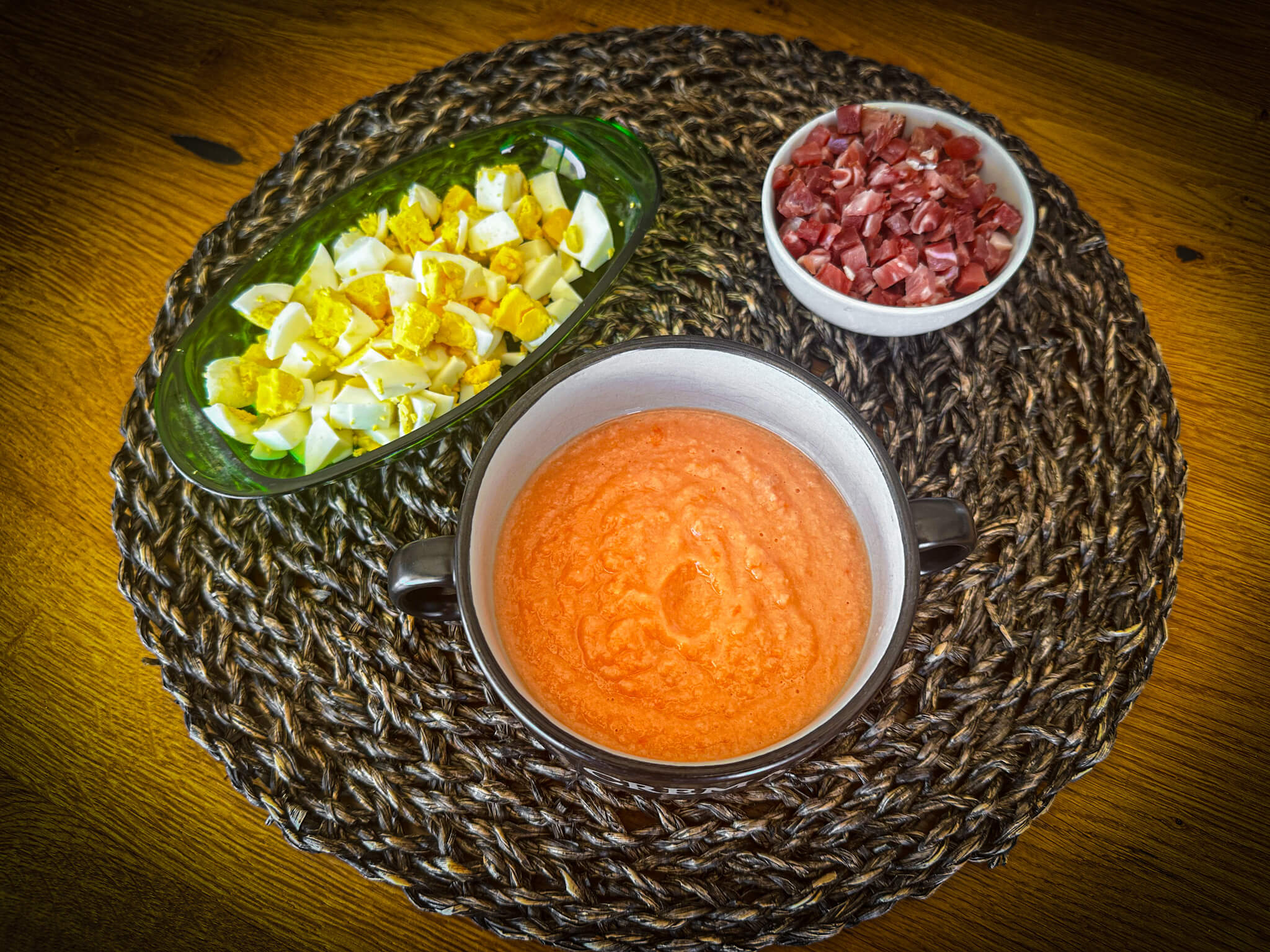 Authentic Salmorejo Cordobés presentation plate ready
