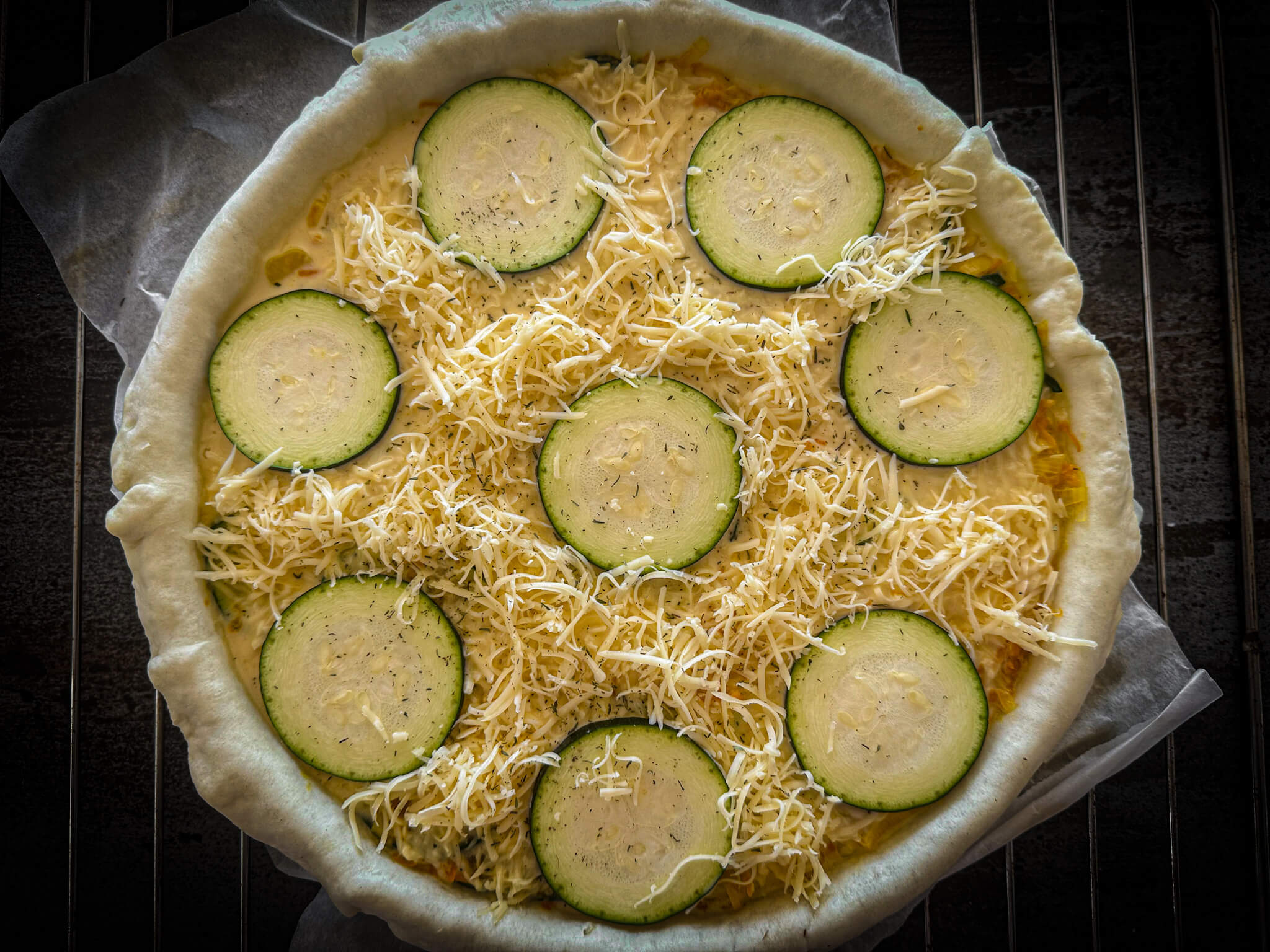 Zucchini Savory Tart assembling pie decor cheese