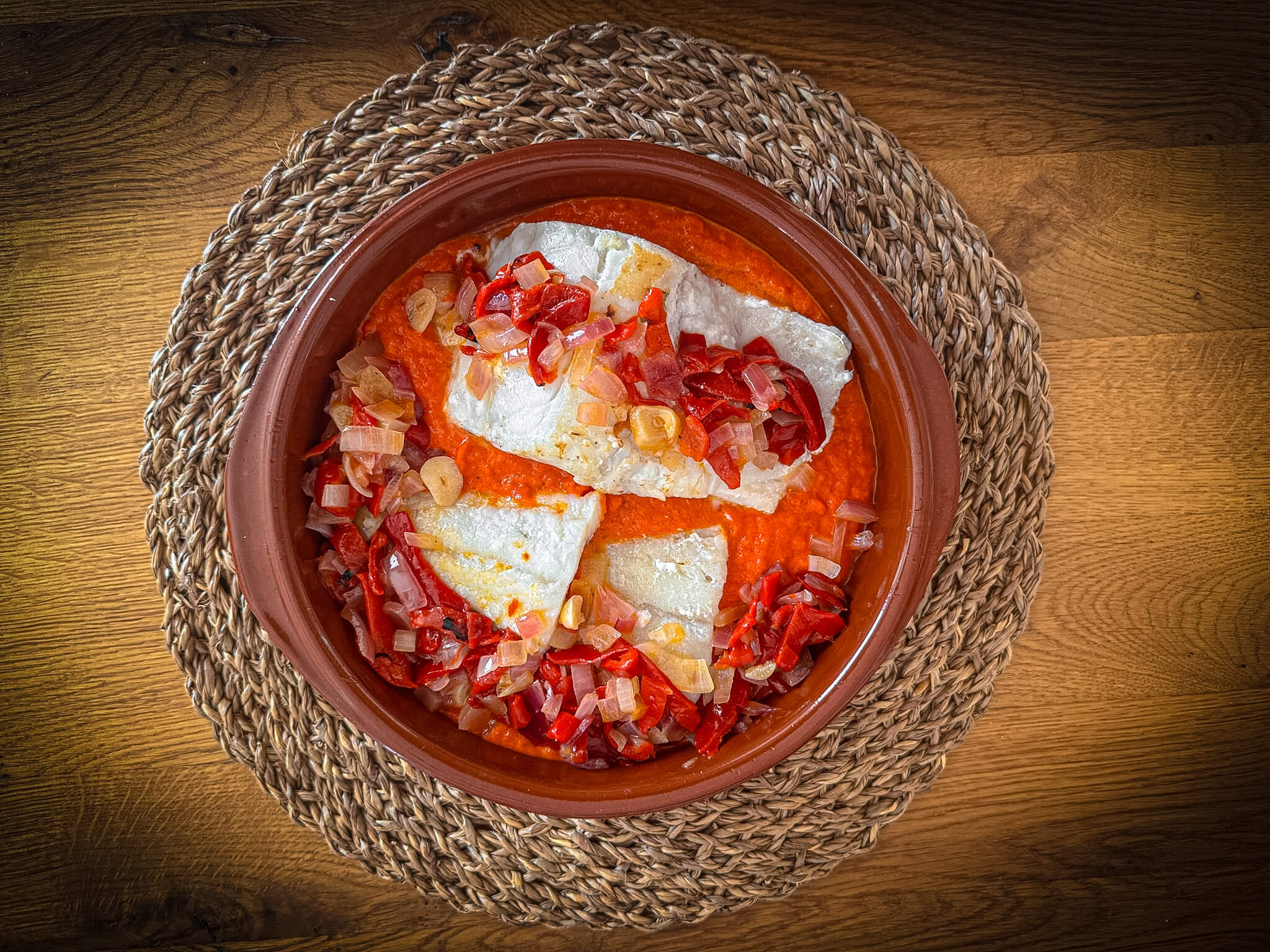 Spanish Cod in Piquillo Pepper Sauce plating sauce & cod