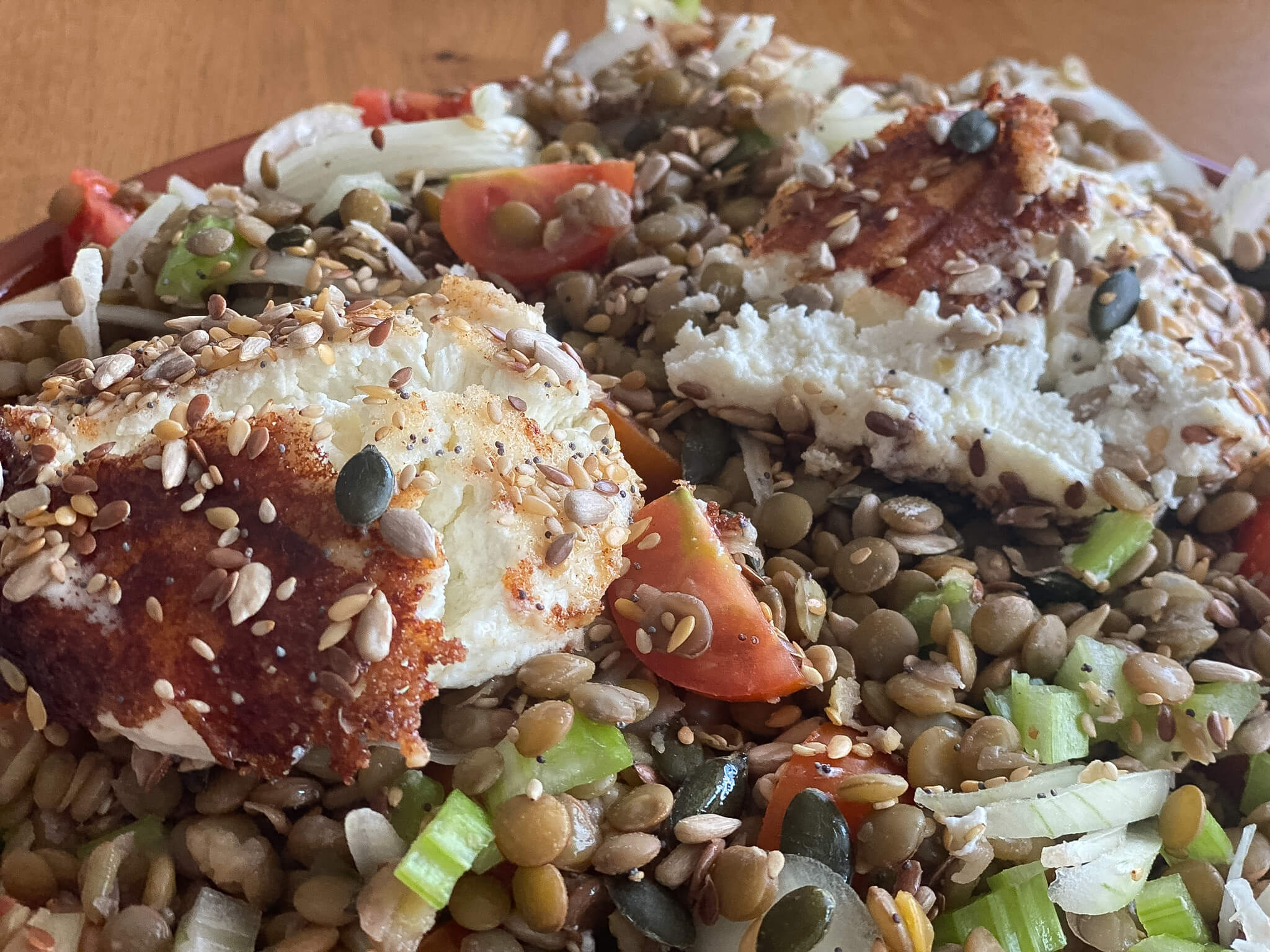 Warm Goat Cheese & Pardina Lentil Salad plated ready