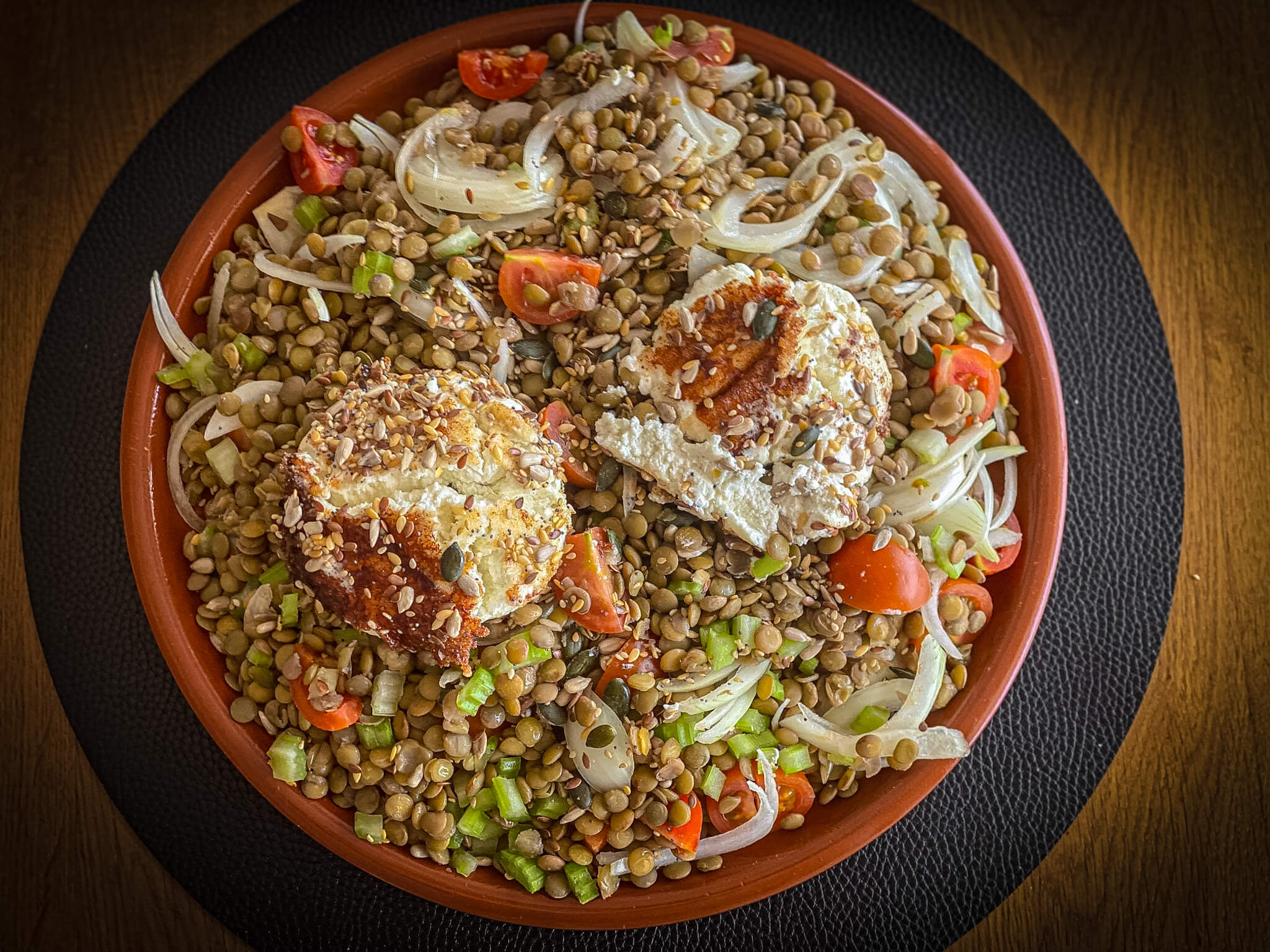 Warm Goat Cheese & Pardina Lentil Salad presentation plated